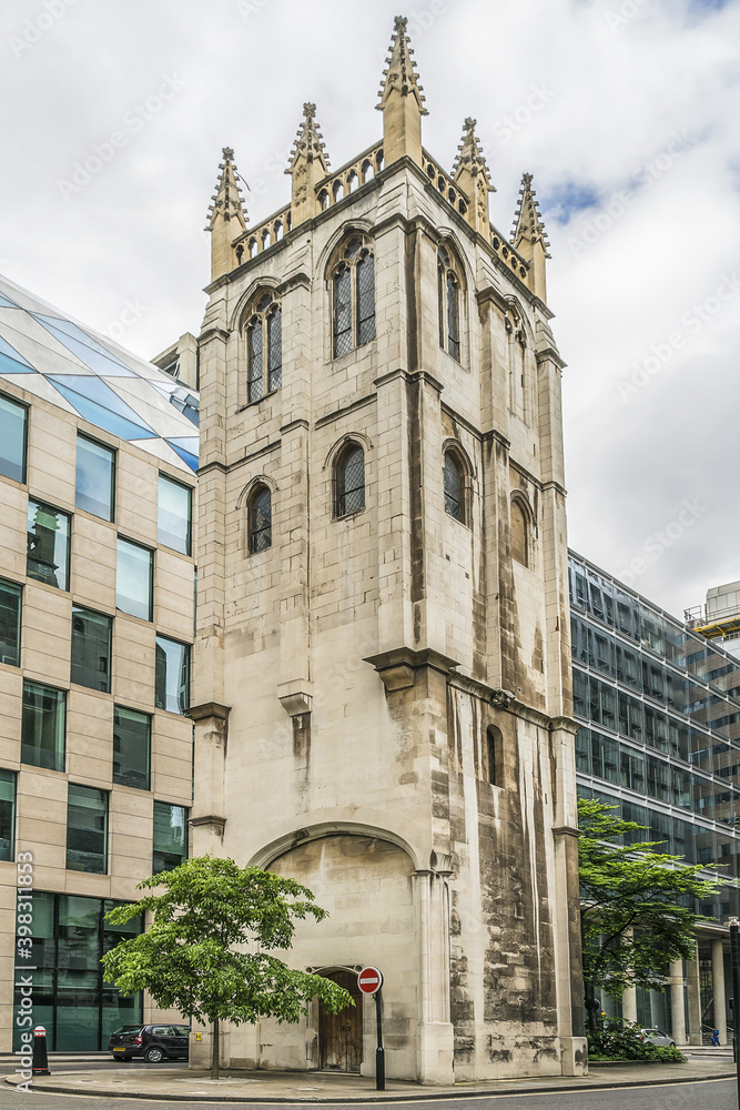 Saint Alban Church Tower in Wood Street, City of London. St Alban was a church dedicated to Saint Alban. It was severely damaged by bombing during Second World War - ruins cleared, leaving only tower.