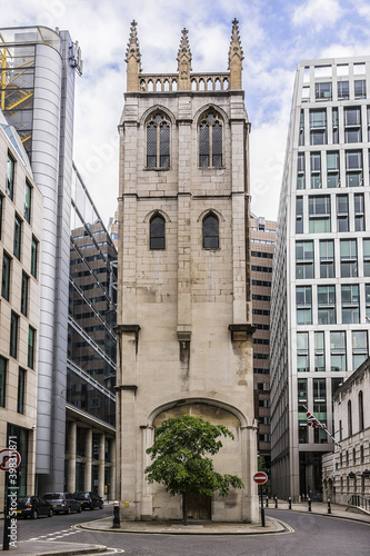 Saint Alban Church Tower in Wood Street, City of London. St Alban was a church dedicated to Saint Alban. It was severely damaged by bombing during Second World War - ruins cleared, leaving only tower. © dbrnjhrj