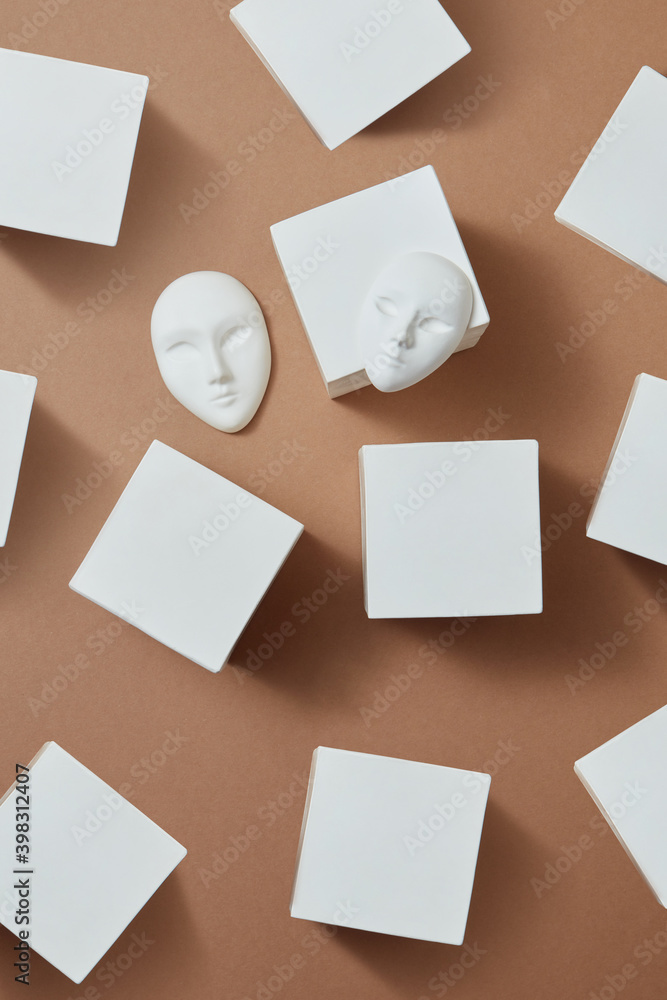 Gypsum figures masks and cubes.