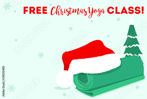 Yoga mat and Santa's hat. Yoga greeting card, banner, flyer, sales concept. Copy space. Vector illustration. EPS 10