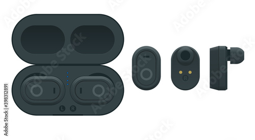 Black Wireless Earphones and Case isolated on a white background. Bluetooth headphones in flat design. Bluetooth headphones for listen audio