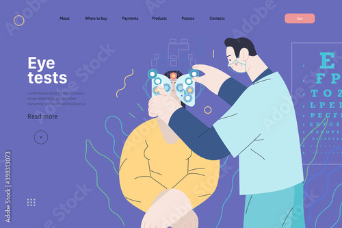 Medical tests template - c -modern flat vector concept digital illustration of eye test procedure -a female patient and a doctors with phoropter, ophthalmologic office