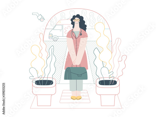 Medical insurance template -home medical assistance -modern flat vector concept digital illustration -nurse standing at the private residence entrance door Home medical service, part of insurance plan