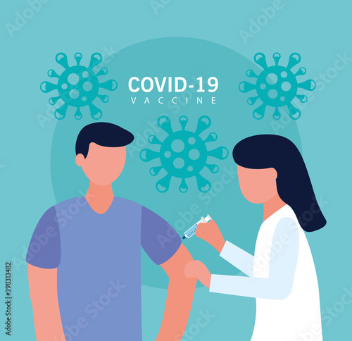 covid19 vaccine poster with female doctor injecting male patient