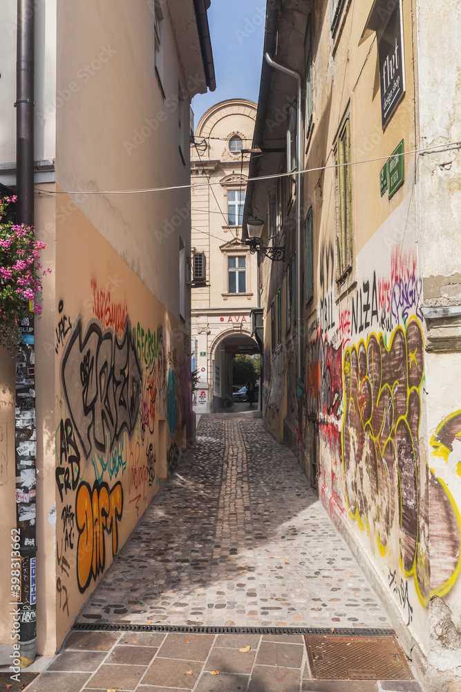 Fototapeta premium Ljubljana, Slovenia, October 2020: cobblestone street in Slovenia disfigured by graffiti