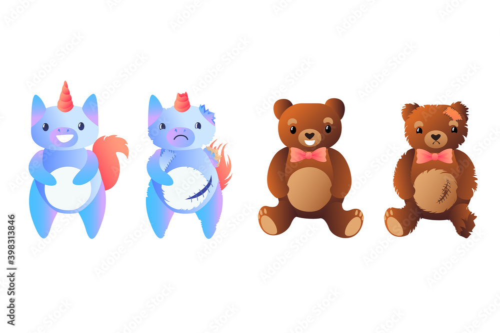 The most popular soft toys unicorn and teddy bear for children on a white background. Torn shabby toys. Fabric patches, toy repair. The most popular soft toys unicorn and teddy bear for children on a white background. Torn shabby toys. Fabric patches, toy repair.