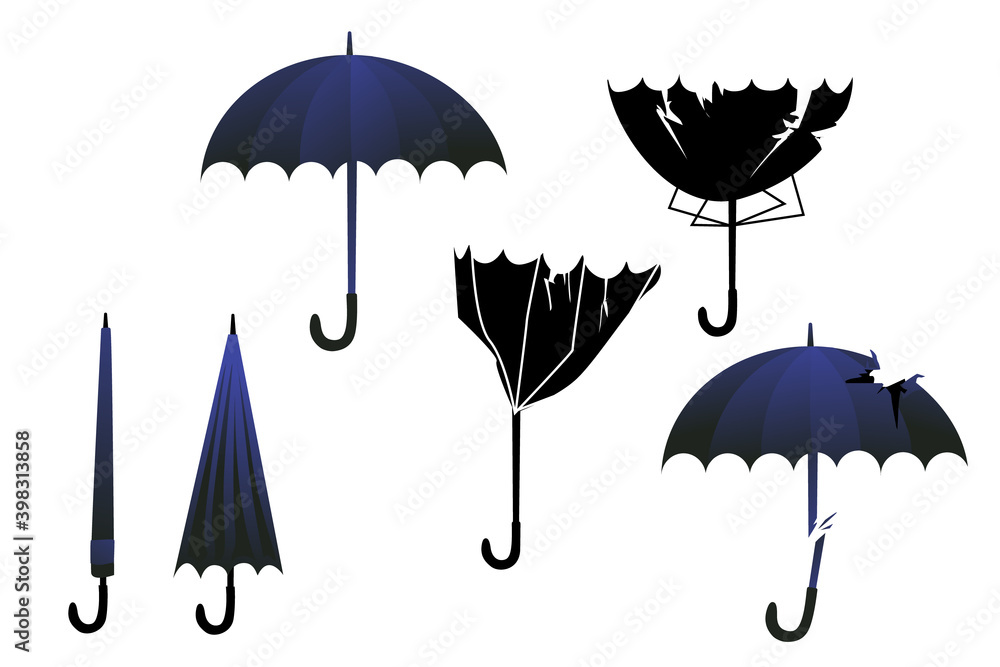 Broken blue umbrella from the rain on a white background. Umbrella