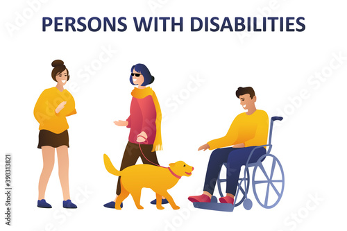 People with disabilities on a white background. A blind girl with a dog communicates with a girl without an arm. The guy in the stroller is smiling. 