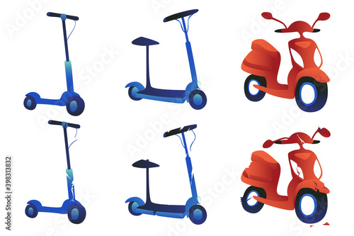 Broken scooters and moped on a white background. Traffic accident, vehicle repair. Shabby electric scooters after an accident.