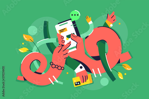 Hands intertwined in flat style, female hand holding phone with chat, confusion isolated on white background, flat vector illustration
