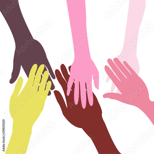 United community. Vector illustration depicting handshakes of different ethnic groups