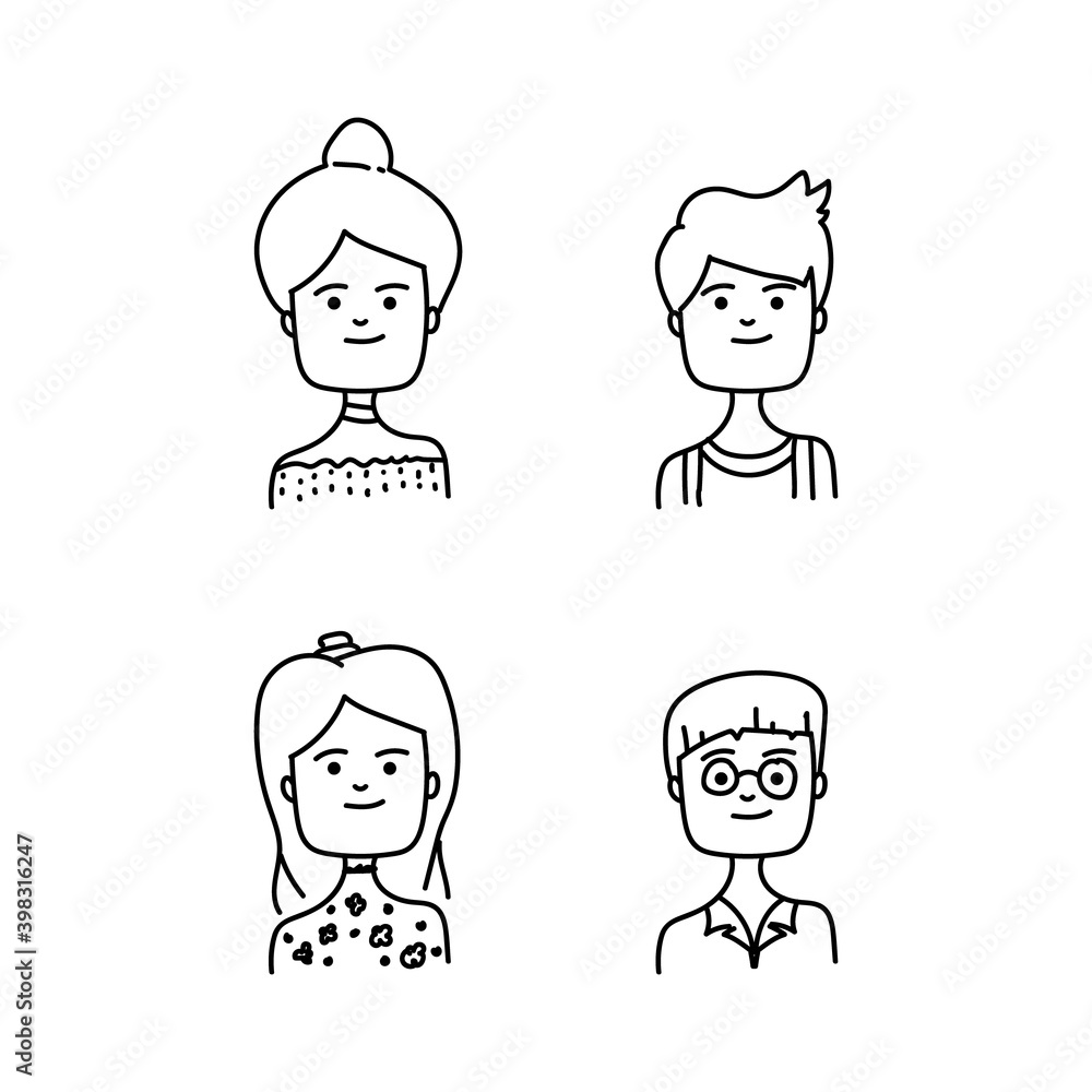 Line art cartoon people avatar for animation character or book Line art cartoon people avatar for animation character or book
