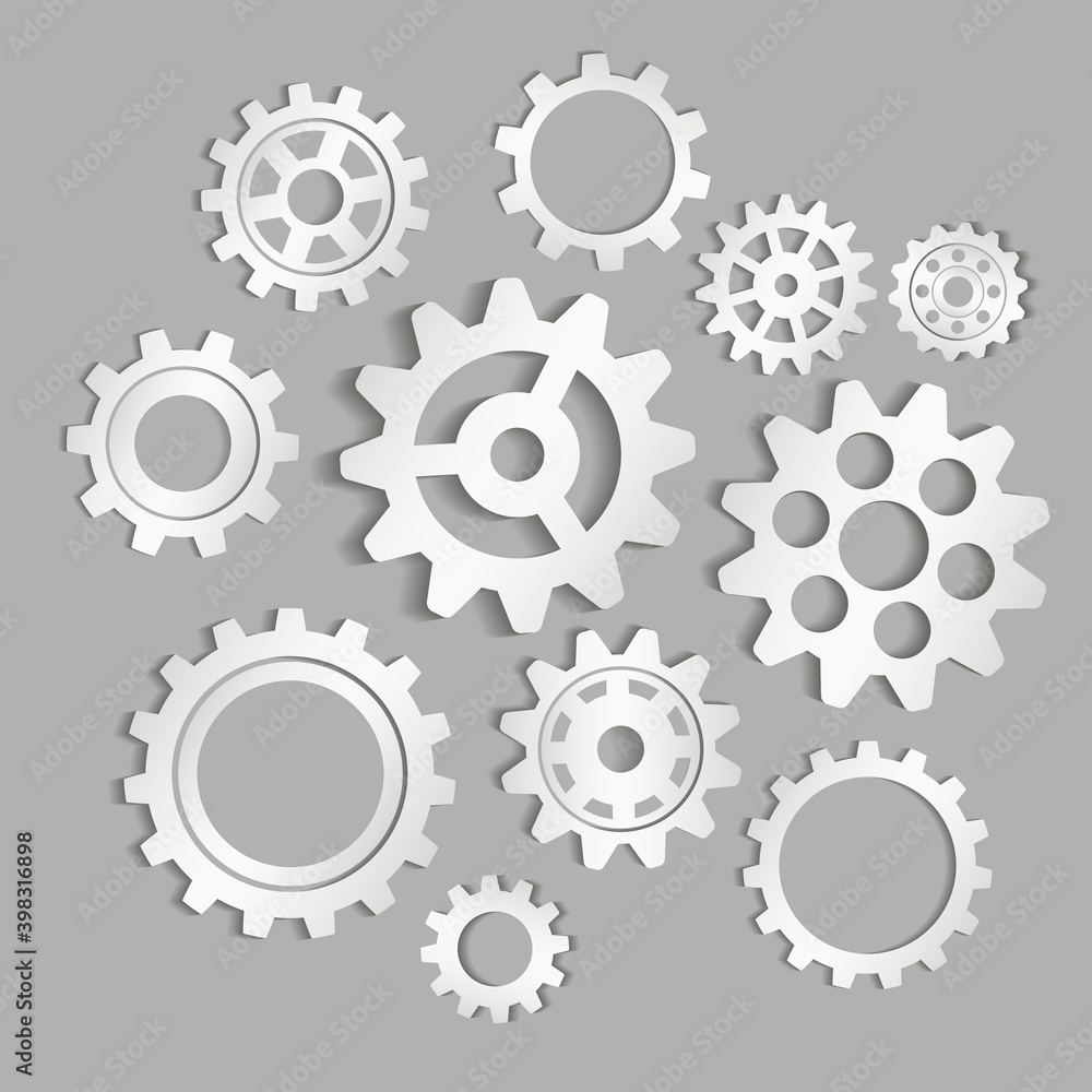 Metal gears set. Factory gears vector icon. Mechanical gear. The image of the gear. Machine gear. Cogwheel gear Metal gears set. Factory gears vector icon. Mechanical gear. The image of the gear. Machine gear. Cogwheel gear