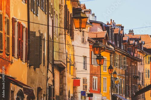 Selcetive focus on building, A colorful buildings in the old town of Annecy in France