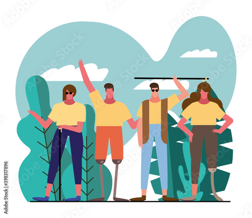 group of people with handicaps characters in the camp