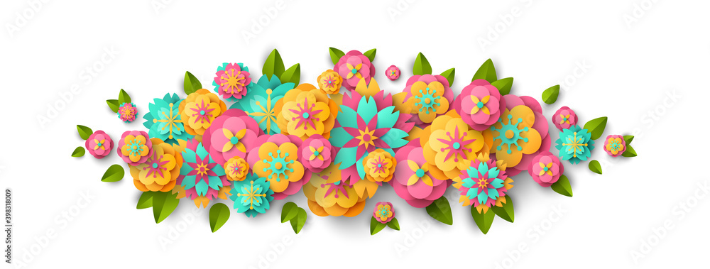 Spring border with paper cut flowers and leaves isolated on white background. Bright colorful geometric forms. Vector illustration. Fresh design for posters, brochures or vouchers. Spring border with paper cut flowers and leaves isolated on white background. Bright colorful geometric forms. Vector illustration. Fresh design for posters, brochures or vouchers.
