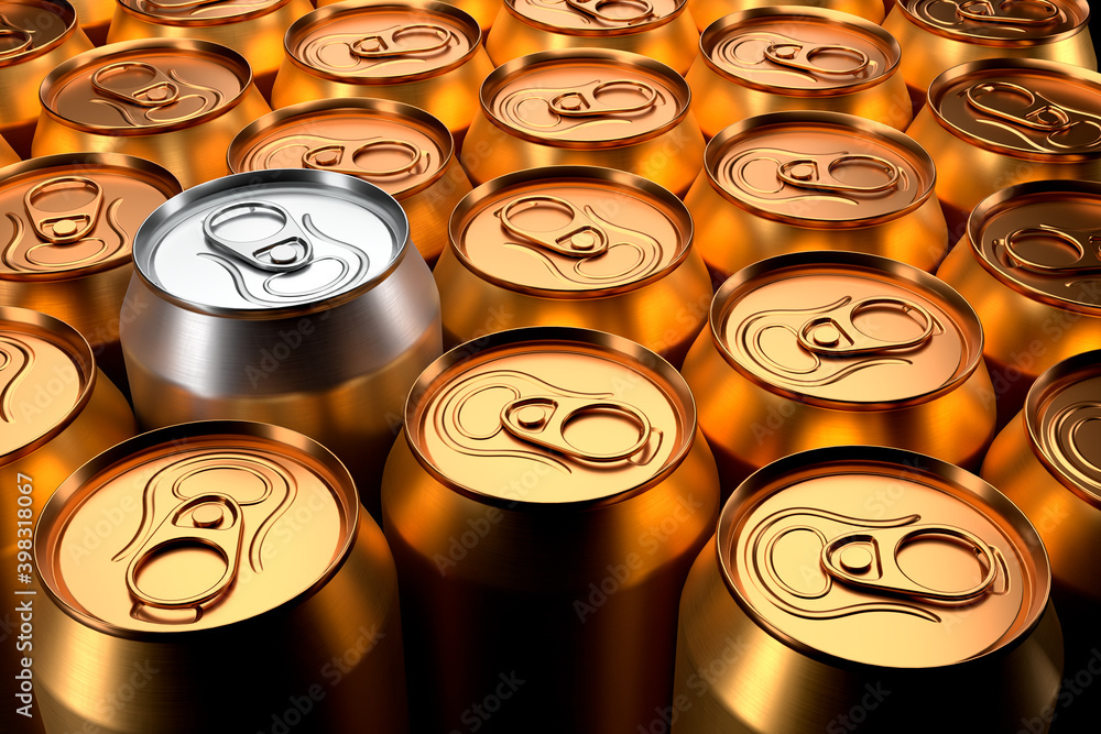 Unique silver can among group of golden recyclable cans cans. View from above