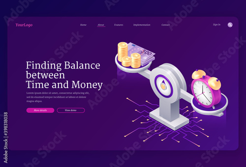 Time and money balance on scale. Concept of comparison work and value, financial profit. Vector landing page with isometric illustration of coins, cash and watch on weight scale
