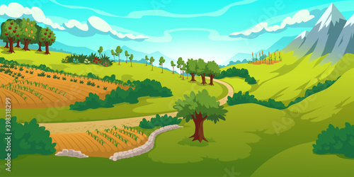 Summer landscape with mountains, green meadows, fields and garden. Vector cartoon illustration of countryside with hills, snow peaks, road and fruit trees. Rural scenery in mountain valley