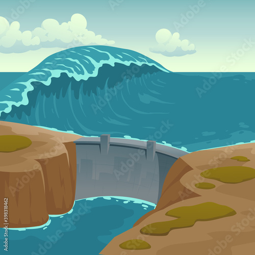 Sea landscape with dam and large wave. Protection construction for bay or lagoon against water massive. Vector cartoon illustration of water barricade, barrage, hydropower station