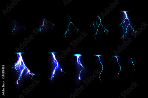 Sprite sheet with lightnings, thunderbolt strikes set for game fx animation. Vector realistic set of blue electric impact at night, sparking discharge of thunderstorm isolated on black background photo