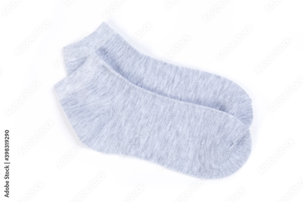 Pair of light gray short socks on a white background, top view Pair of light gray short socks on a white background, top view