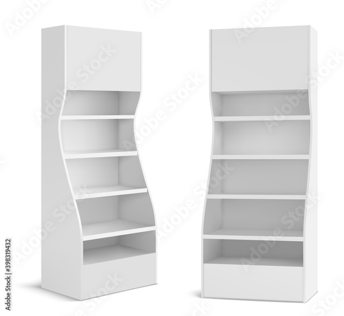 White POS display stand for supermarket products. Store and shop blank promotion rack mockup with empty shelves, portable exhibition retail showcase isolated on white background realistic 3d vector