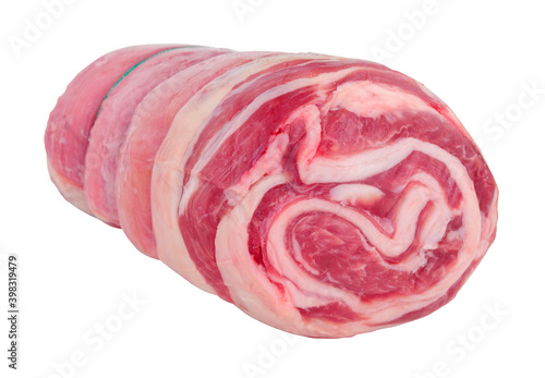Fotografie Raw rolled lamb breast meat isolated on a white background