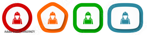 Engineer with laptop, worker, manager vector icon set, flat design buttons on white background