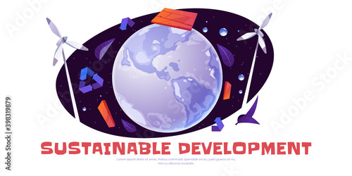 Sustainable development cartoon banner with earth globe, wind turbines, recycling symbols and leaves. Renewable green windmill energy, international environment protection, conservation vector concept