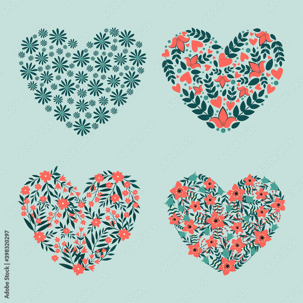 Set of hearts from plant elements. Template for prints, cards, flyers, banners.