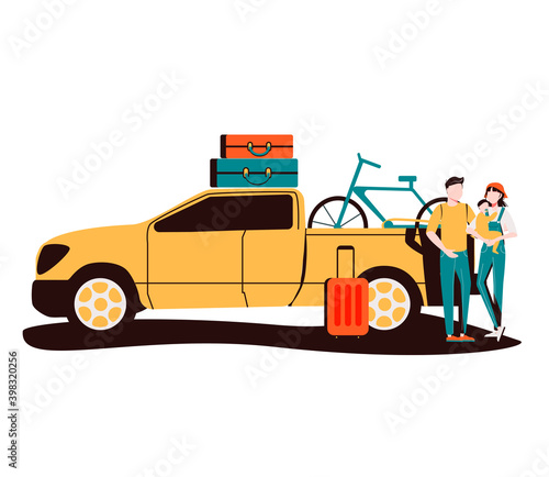 Family camping road trip concept, flat tiny persons vector illustration. Vacation weekend holiday journey in the sunset with mom, dad, son and loved dog. Loaded roof with luggage 