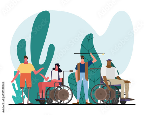 group of interracial people with handicaps characters in the garden