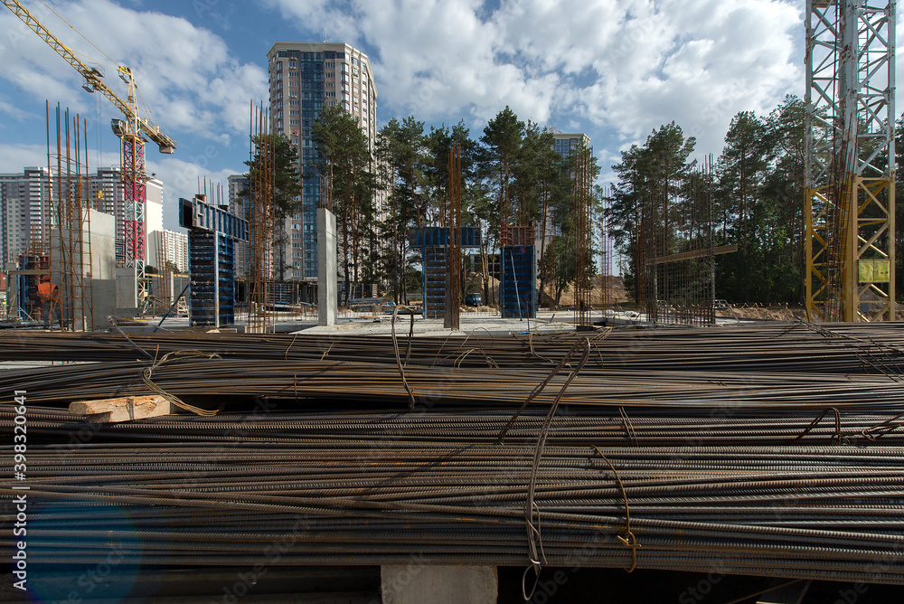 Rebar warehouse. Construction site. Production of apartments, social housing.