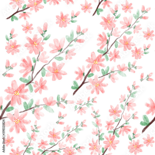 Spring blossom branches pattern with watercolour texture on white background