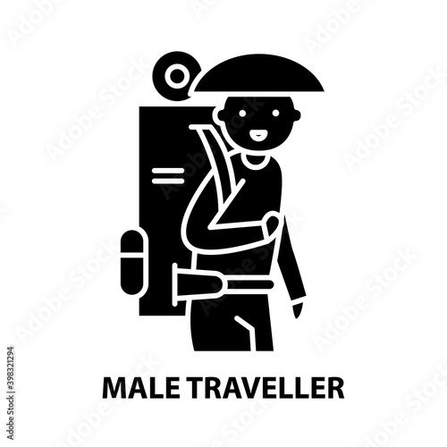 male traveller icon, black vector sign with editable strokes, concept illustration
