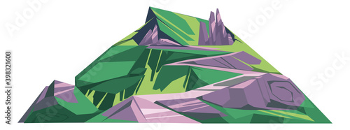 Huge hill with green grass, gray stone boulder or rock cartoon vector illustration, landscape element