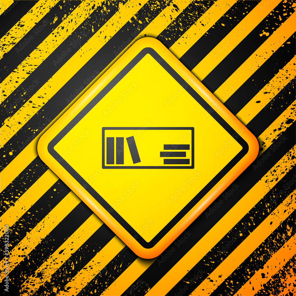 Black Shelf with books icon isolated on yellow background. Shelves sign. Warning sign. Vector Illustration. Black Shelf with books icon isolated on yellow background. Shelves sign. Warning sign. Vector Illustration.