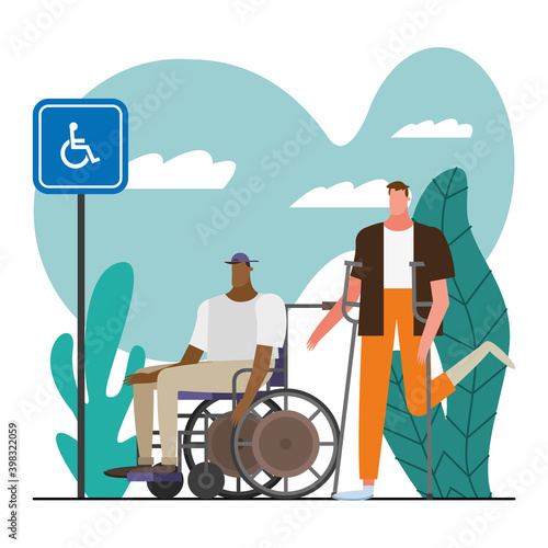 young men with crutch and wheelchair disable characters