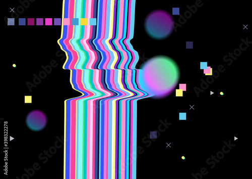 Glitch screen. Abstract background. Pattern. Vector artwork. Trendy retro 80s, 90s style. Print, poster, banner. Blue, black, pink, yellow, green, purple, red colors. Retrowave, synthwave, rave, vapor