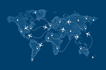 Flight routs map with airplanes on it, illustration