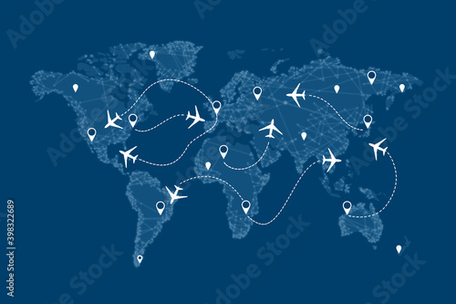 Konstfotografi Flight routs map with airplanes on it, illustration