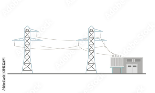 Power lines and transformer substation building flat