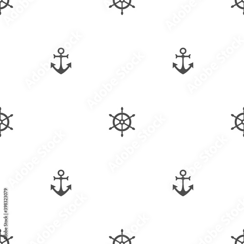 Anchor and helm seamless pattern. Sea white background. Ocean symbols vector illustration