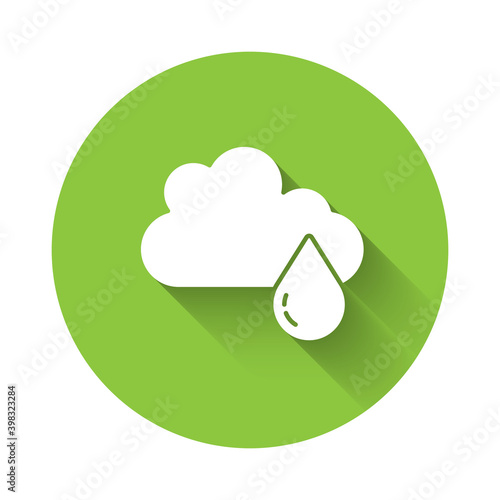White Cloud with rain icon isolated with long shadow. Rain cloud precipitation with rain drops. Green circle button. Vector.