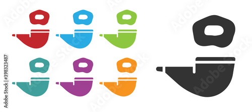 Black Smoking pipe with smoke icon isolated on white background. Tobacco pipe. Set icons colorful. Vector.