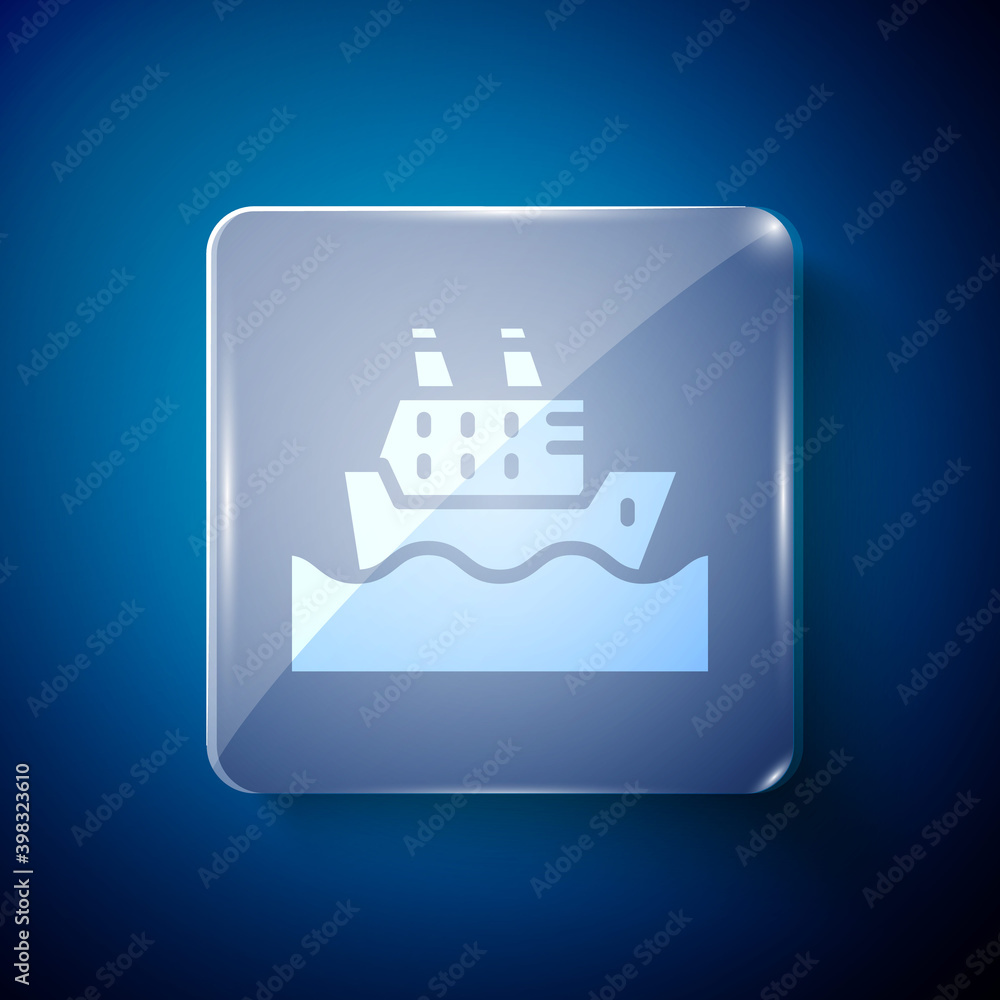 White Cruise ship in ocean icon isolated on blue background. Cruising the world. Square glass panels. Vector.