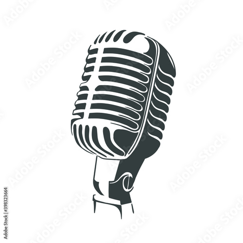 Retro vintage microphone in monochrome color isolated on white background