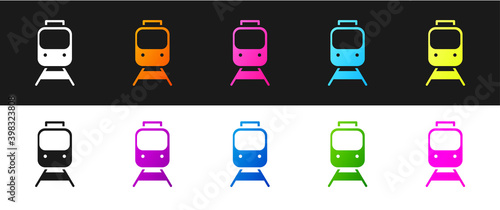 Set Train and railway icon isolated on black and white background. Public transportation symbol. Subway train transport. Metro underground. Vector.