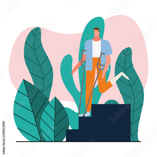 man with crutches disable person character in stairs